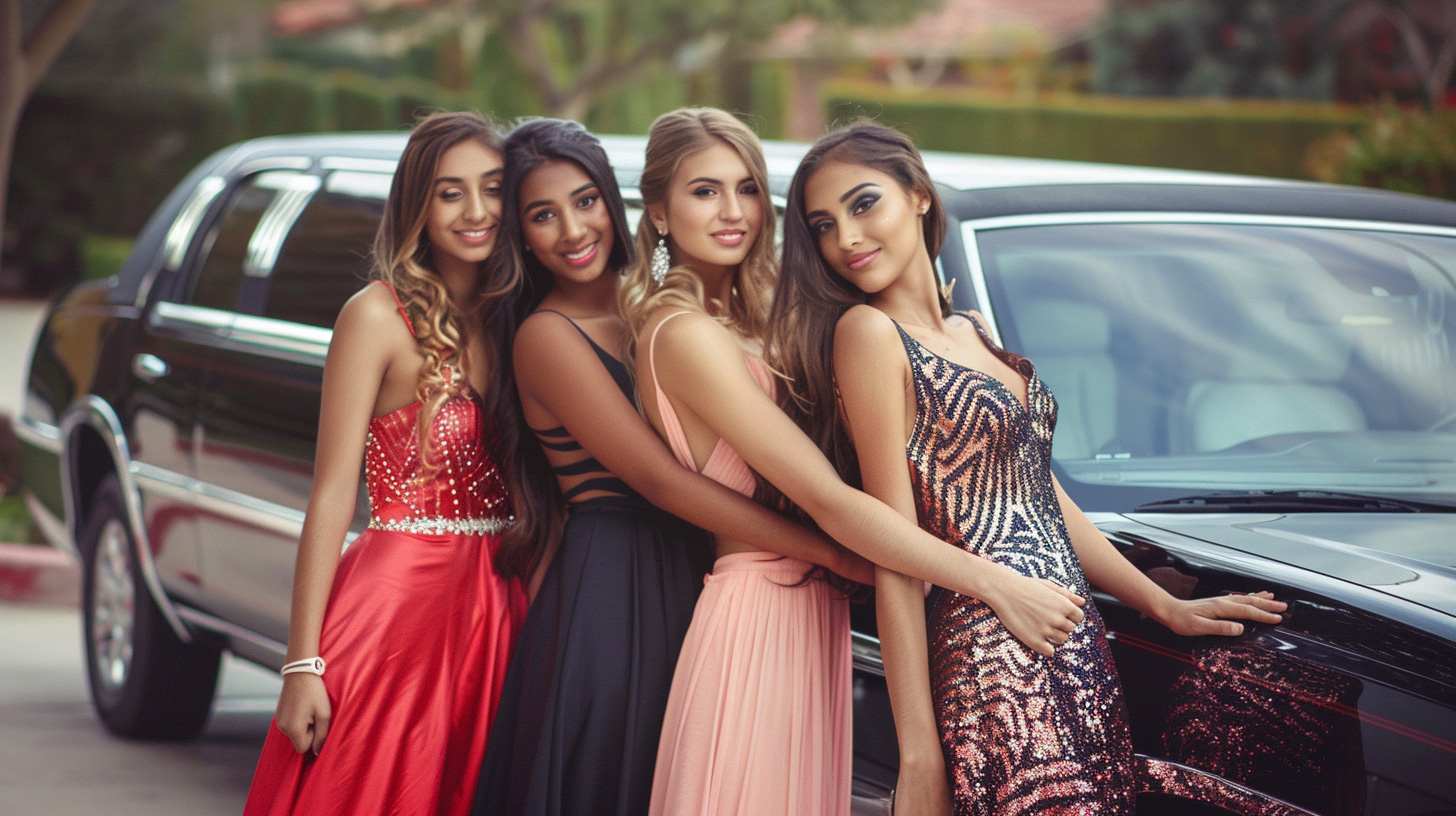 Girls outside limousine on their way to the prom dance.