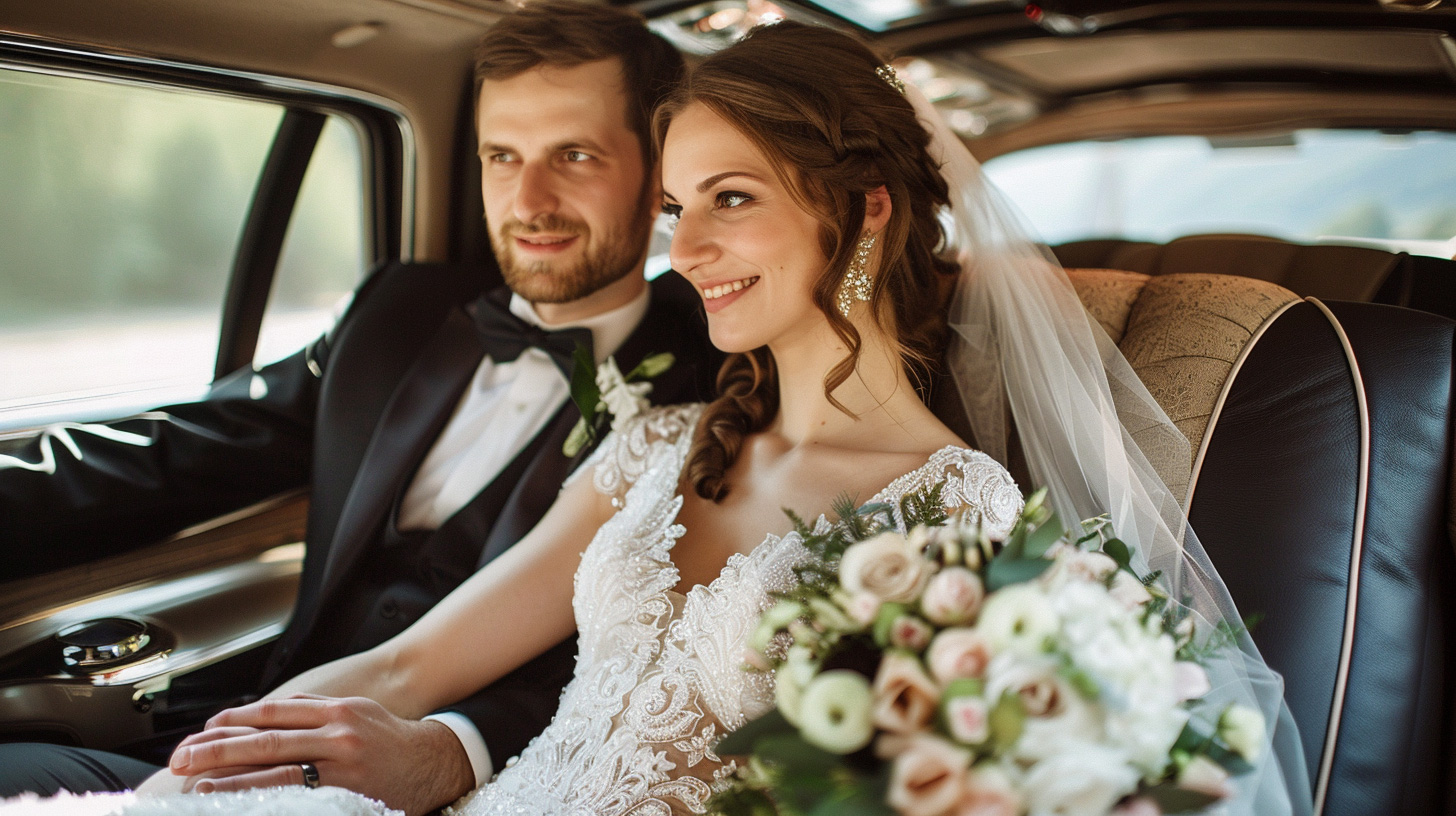 Bride and groom in limousine