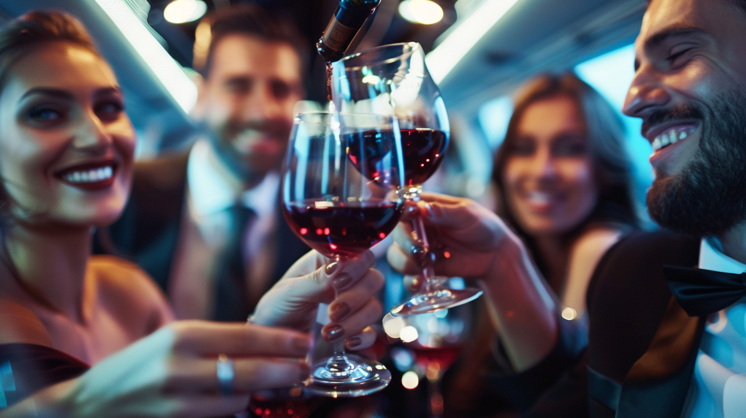 People tasting wine in a limousine